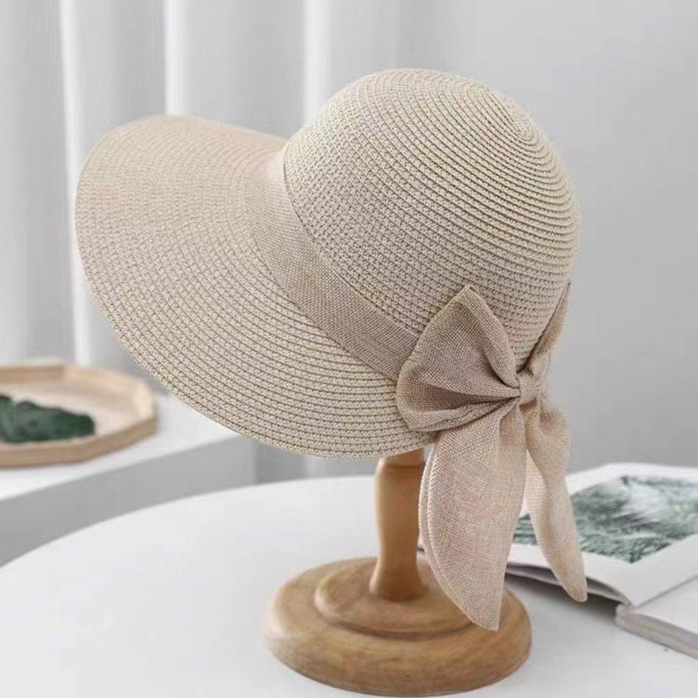 Wide Brim Beach Cap Bowknot Straw Hat Summer Bucket Hat for Women