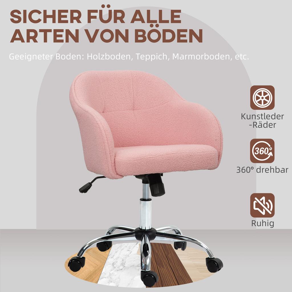 Home Office Chair, Ergonomic Desk Chair with Rocking Function, Teddy Velvet Look, 56 x 61 x 86 cm, Pink