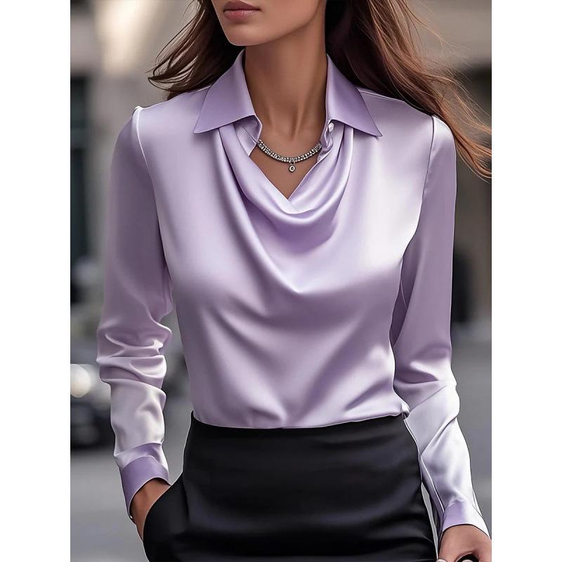 2025 Shein Elegant Long Sleeve Satin Swing Collar Top for Women - Spring/Autumn