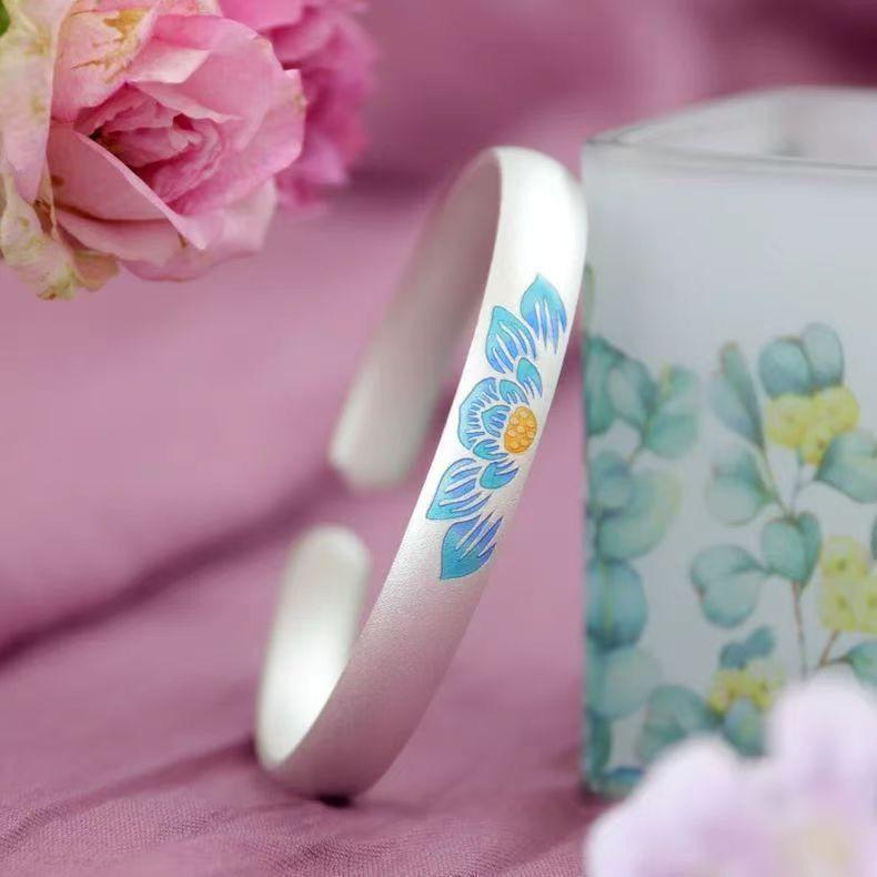 Ethnic style personalized enamel color lotus bracelet women's niche solid bracelet young birthday gift for girlfriend