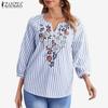 Women Casual V-neck 3/4 Sleeve Embroidery Stripe Blouse