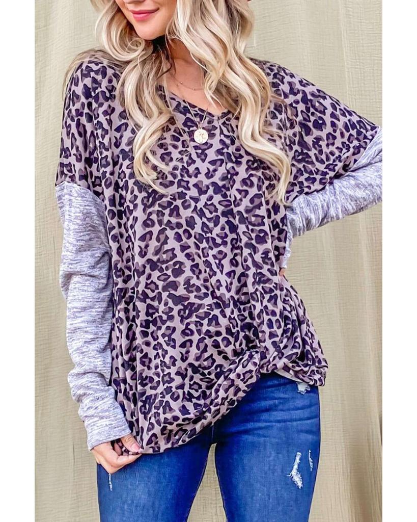 Azura Exchange Leopard Print Drop Shoulder Patchwork Sleeve Top