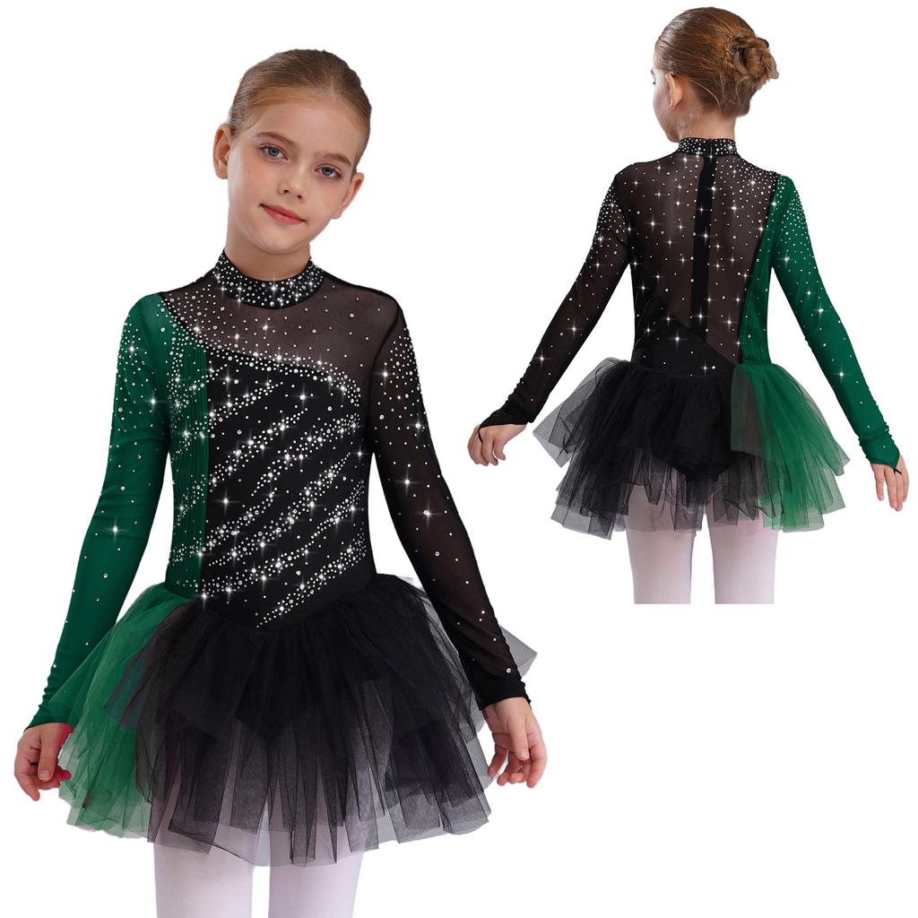 Kids Dance Costume Long Sleeve Color Block Patchwork Dress with Sparkling Rhinestones for Performance