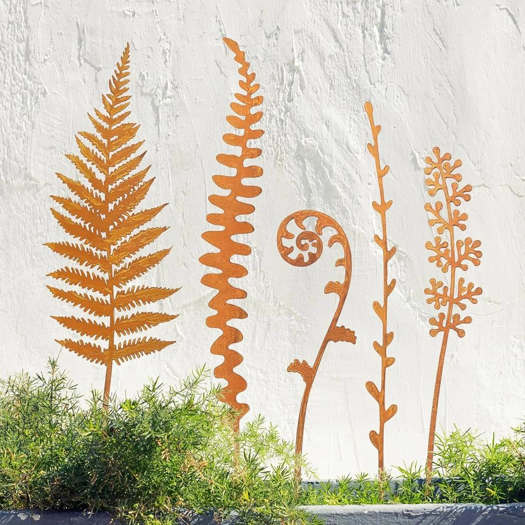 5pcs Rusty Fern Potted Plant Decoration Garden Stakes Metal Outdoor Courtyard Yard Art Decoration Country Garden Iron Sculpture