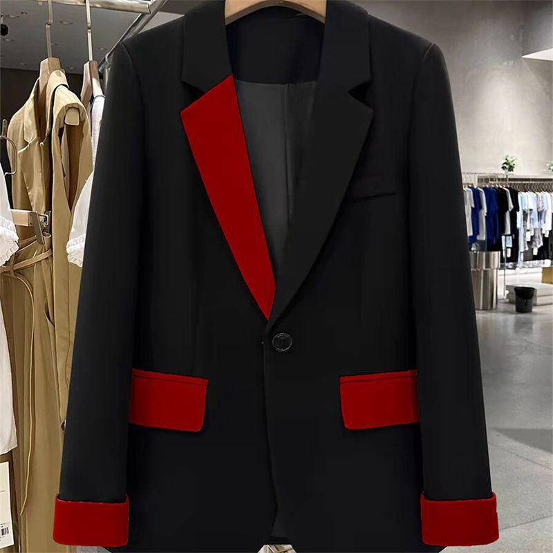 Fashionable Black Contrast Joint Suit Jacket, Casual and Trendy for Spring and Autumn, French-Styled Women's Blazer