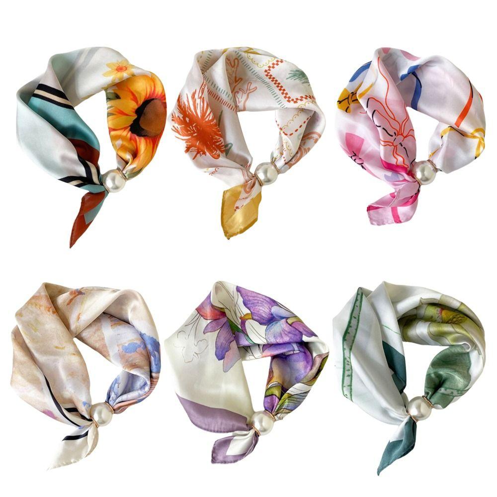 Lightweight Silk Scarf Breathable Printed Neck Scarf Accessory Pearl Buckle Scarf Female