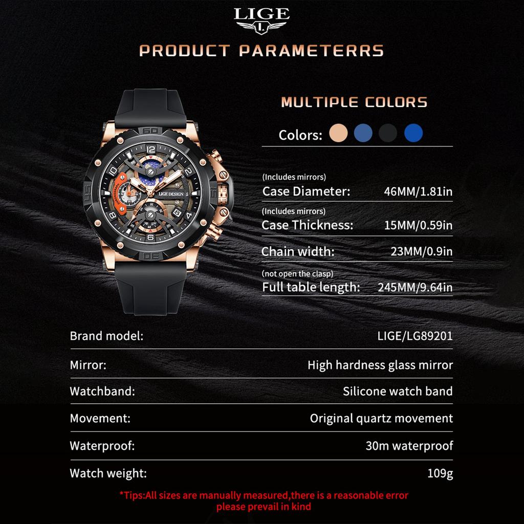 LIGE 2025 Новые мужские часы Модные повседневные силиконовые кварцевые часы Светящиеся водонепроницаемые спортивные мужские кварцевые часы