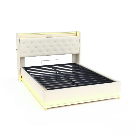 Adult Bed LED Upholstered 140x200cm with USB Charging Connection Double And Hydraulic Storage Skin-Friendly Linen Fabric Gray Children
