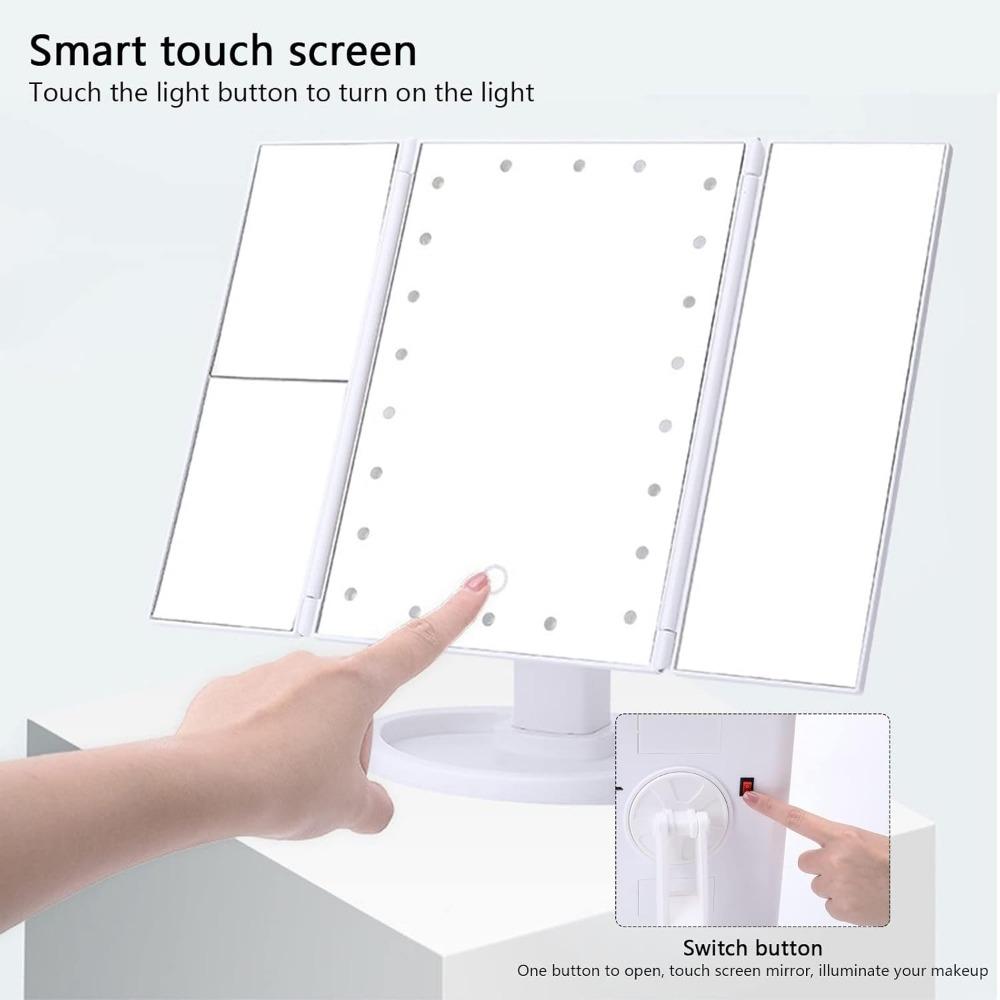 Светодиодное зеркало для макияжа с сенсорным управлением, регулируемым освещением, 1-кратным, 2-кратным, 3-кратным увеличением, трехстворчатой конструкцией, идеальный подарок для женщин