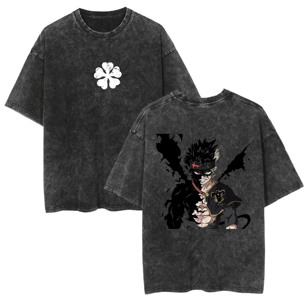 2026 Black Clover Washed Vintage Tshirt Street Hiphop Anime Casual Cotton Summer Short Sleeve