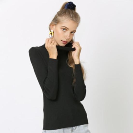 Женские топы с высоким воротником и длинным рукавом, облегающие, эластичные, трикотажные, однотонные, пуловеры, повседневная одежда