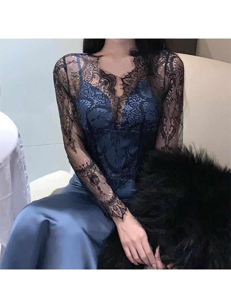 2024 Blusas Mujer De Moda, сексуальные кружевные блузки для женщин, рубашки с v-образным вырезом и длинными рукавами, укороченные топы, темперамент, шикарная корейская винтажная блузка