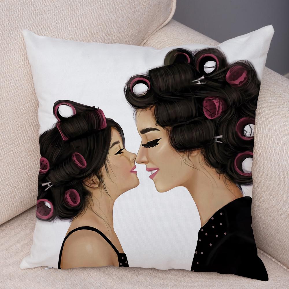 Contemporary Female Character Design Cushion xcm Love Yourself Good Morning World Hair Care Art Woven Fabric Decor Pillow