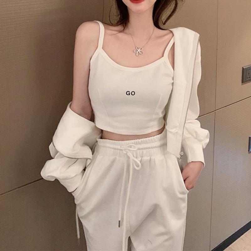 Women Spring Fall Solid Color Loose Zipper Hooded Sweatshirt Short Coat Tank Tops Casual Sweatpants Three Pieces Set Sport Suits