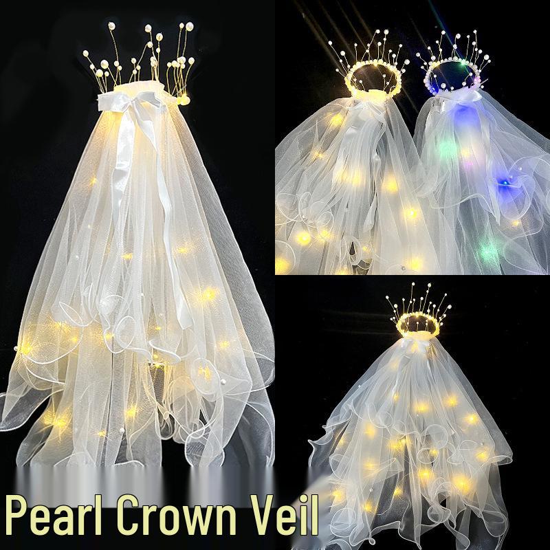 Светящаяся фата-корона с кисточками, жемчугом и бантом из ленты Головной убор