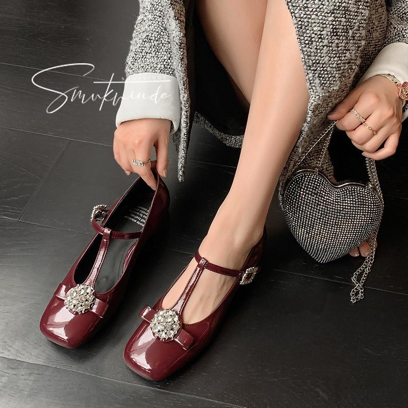 Весна 2025 новые туфли Мэри Джейн фея стразы бант французская кожа Т-образные туфли на толстом каблуке