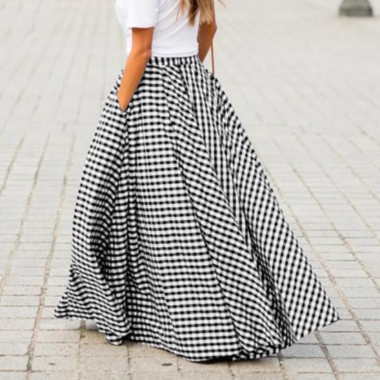 Женская макси-юбка в клетку с талией и карманами, юбка-трапеция с принтом, эластичная юбка в стиле ретро с высоким и большим подолом, уличная одежда