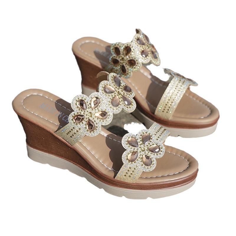 Large Size -3 Rhinestone One-word Mop Wedge Heel Sandals Women's High Heel Outer Wear Muffin Thick-soled Cool Slippers