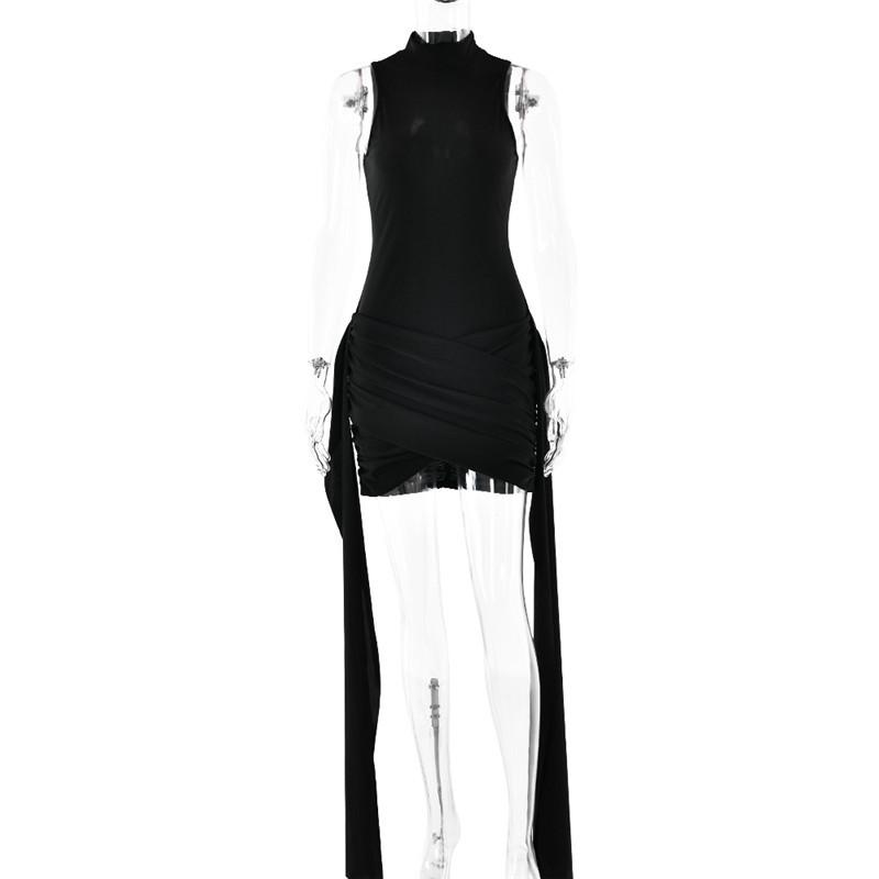 Turtleneck Sleeveless Sexy Irregular Ruched Tank Mini Dress