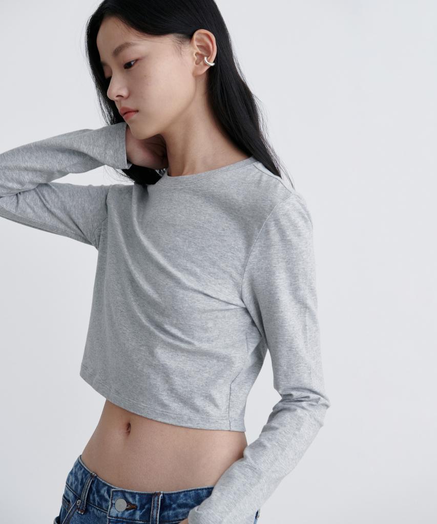 MUSINSA STANDARD WOMAN Женская узкая укороченная футболка с круглым вырезом и длинным рукавом [Средне-серый]