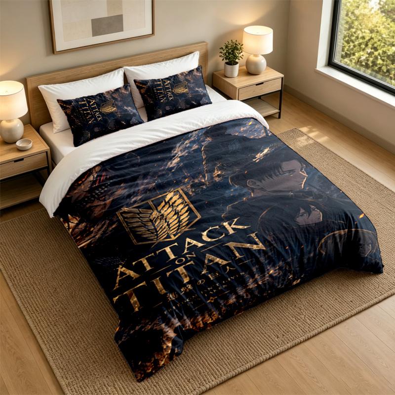 Soft Bedding Set Attack on Titan Pattern, 1 Duvet Cover plus 2 Pillowcases Stylish Bedroom Home Textile