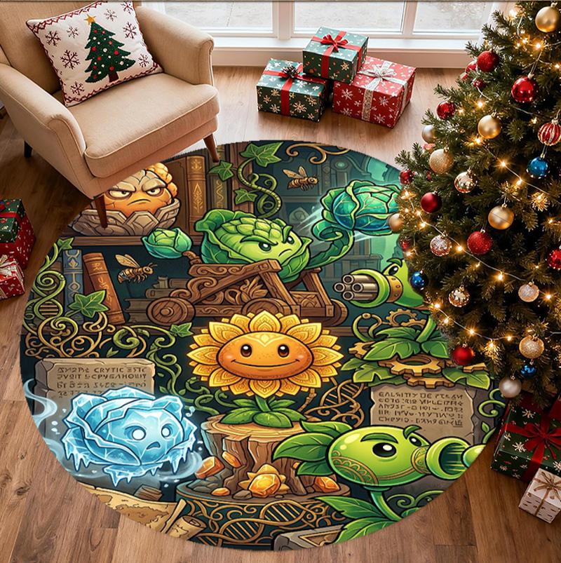 Plants VS Zombies Pattern Round Rug, Indoor/Outdoor Mat, for Picnic, Gameroom, Bedroom, Office, Living Room, Home Decor Carpet, Birthday Gift