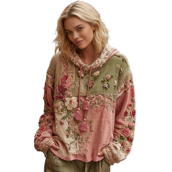 Женское худи пэчворк с цветочным принтом, оверсайз, винтажный пуловер, толстовка, осенний повседневный наряд с длинным рукавом и капюшоном