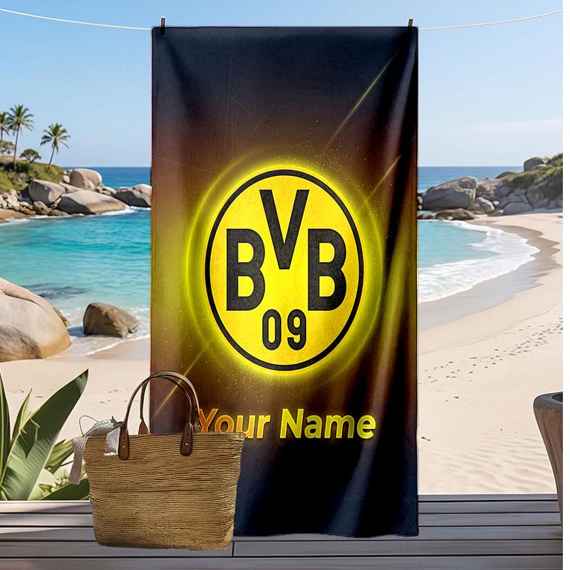 Borussia Dortmund Personalized Printed Beach Towel Soccer Logo Support Custom Name Text Absorbent Towel For Sport Travel Special Gift