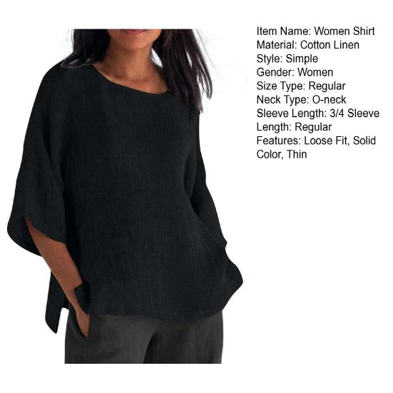 Женская рубашка с рукавом 3/4, повседневная, с круглым вырезом, однотонный пуловер, свободный крой, блузка для отпуска, повседневная одежда