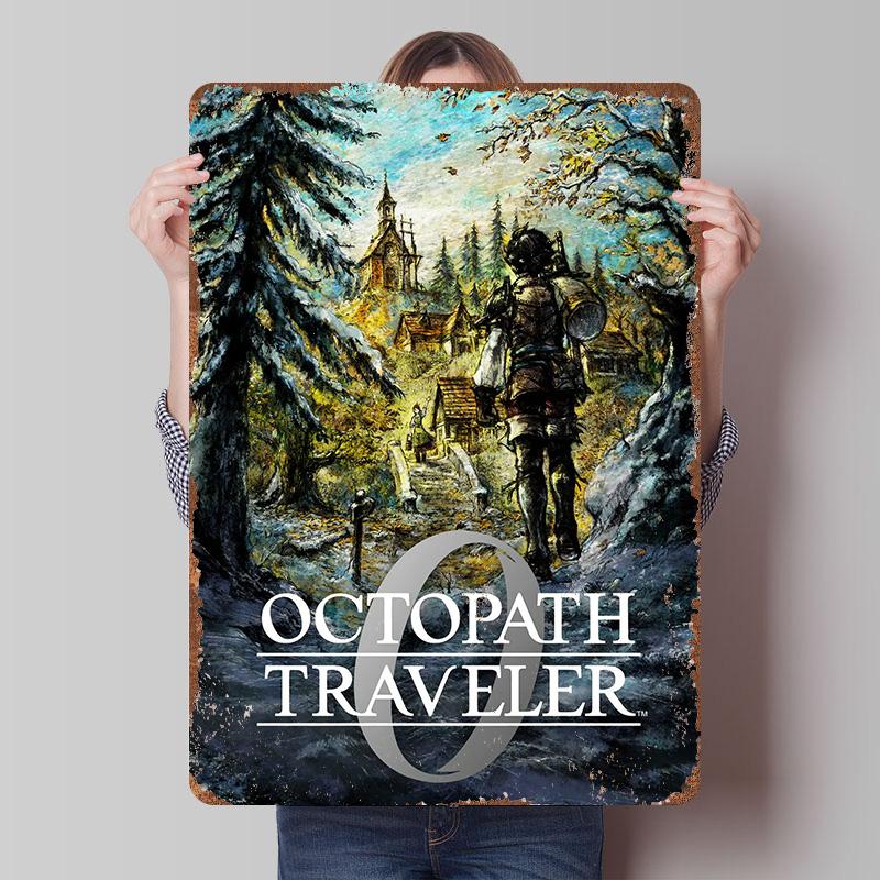 Octopath Traveler Game Cover Art Poster Customized Wall Art Vintage Metal Signs Retro Tin Plaque for Man Cave Coffee Bar Decor
