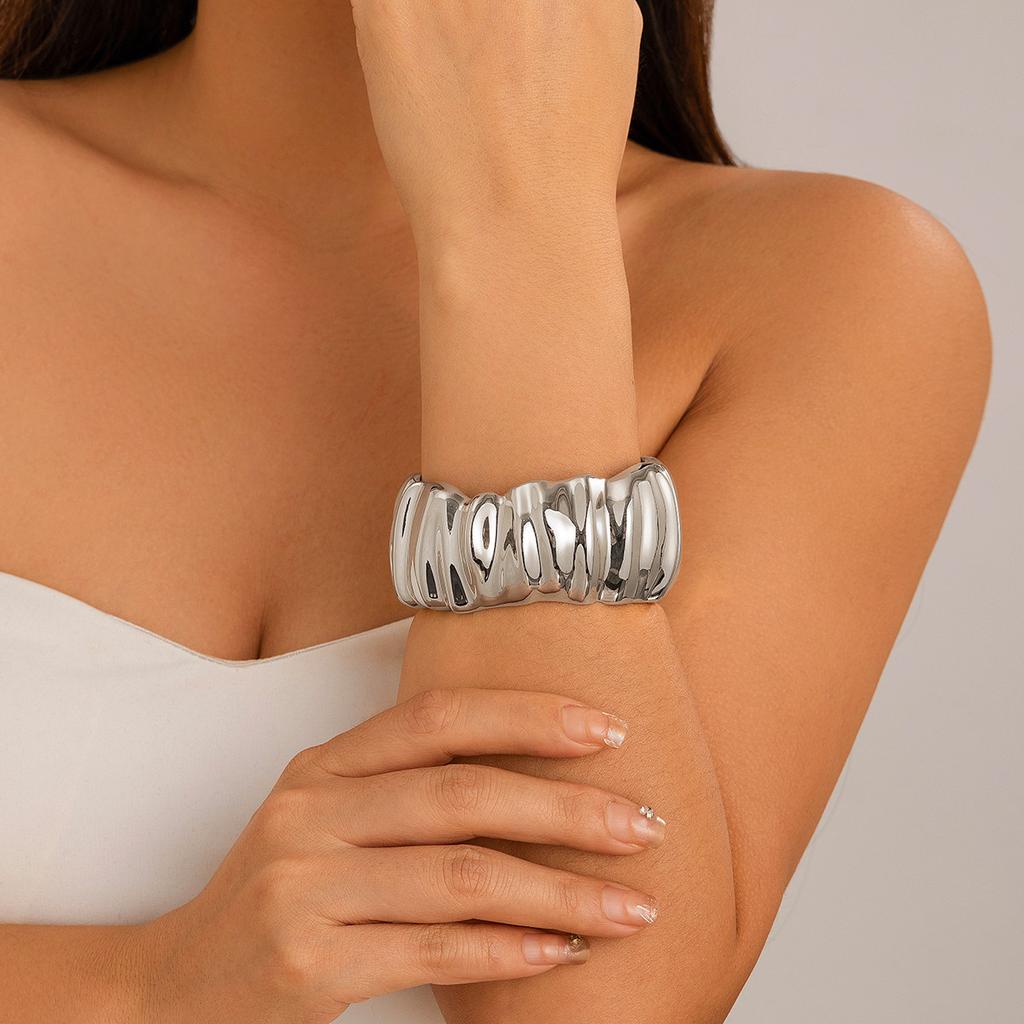 1 Pcs Exaggerated Spring Bangle Open Bracelet Punk Gold Silver Color Hip Hop Geometric Metal Cuff Wide Bangles for Women Jewelry Femme Accessories