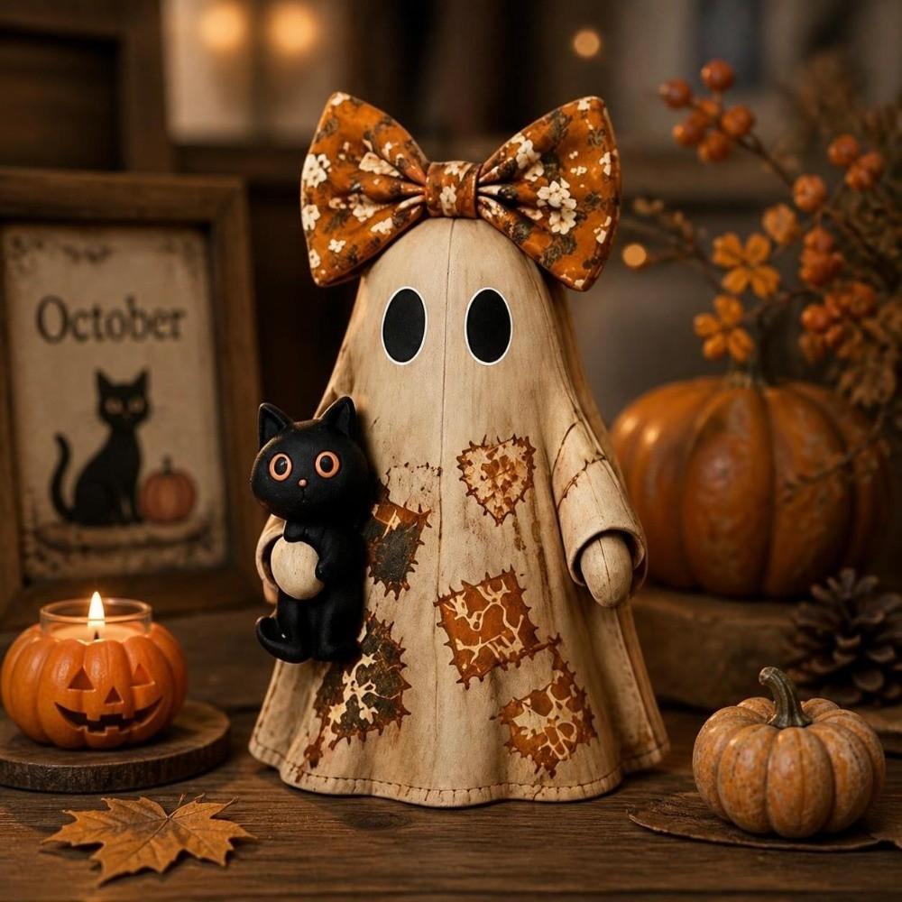 Double-Sided Printed Wooden Ornament Vintage Distressed Ghost Figurine Tabletop Ornament Halloween