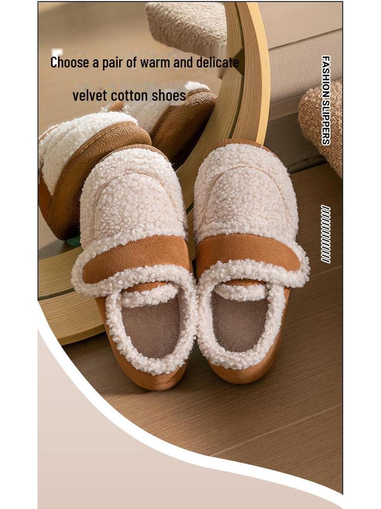 Женские зимние тапочки из хлопка на липучках в корейском стиле: Нескользящий, теплый, плюшевый ретро-меховой дизайн
