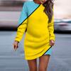 Women's Round Neck Geometric Long Sleeve Hip-wrapped Dress Sweater Dress