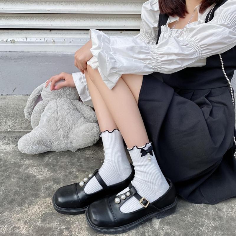 Модные носки Harajuku средней длины с рюшами для женщин и девочек, школьные, милые, с жемчугом, бантом, отделкой из оборок, хлопковые носки на щиколотку