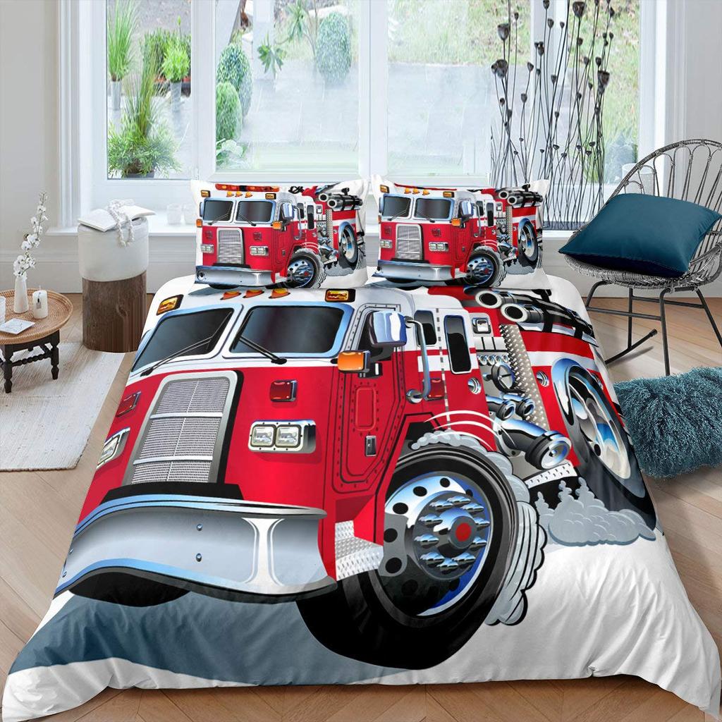 Firefighter Truck Duvet Cover King/Queen Size Red Firemen Car Bedding Set For Kids Boys Girls Fire Engine Polyester Quilt Cover