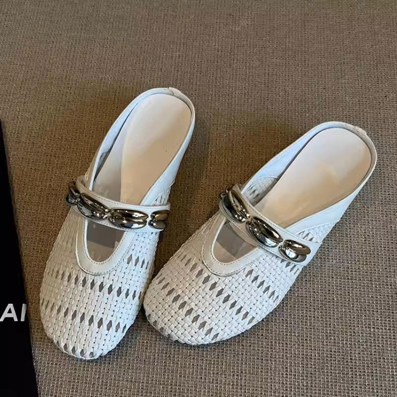 Flat-bottomed bag head slippers women's word belt summer new light luxury retro woven hollow half slippers outside sandals women