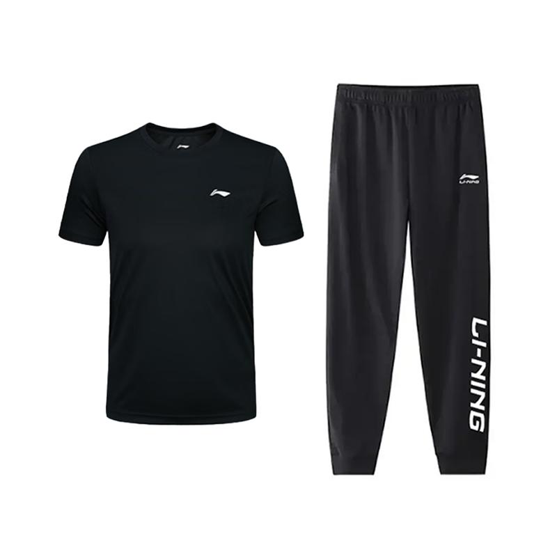 Li-Ning Модный Простой Базовый Дышащий Быстросохнущий Удобный Универсальный Круглый Вырез Пуловер Короткий Рукав Футболка Повседневный Спортивный Комплект AHSQ777-1+YKLV227-1