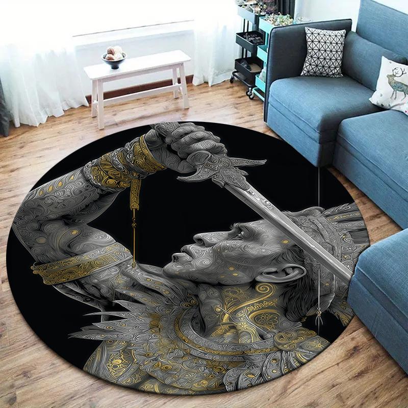 Retro Line Roman Warrior Round Area Rug,Carpet Rug for Living Room Bedroom Sofa Playroom Decor,Non-slip Floor Mat