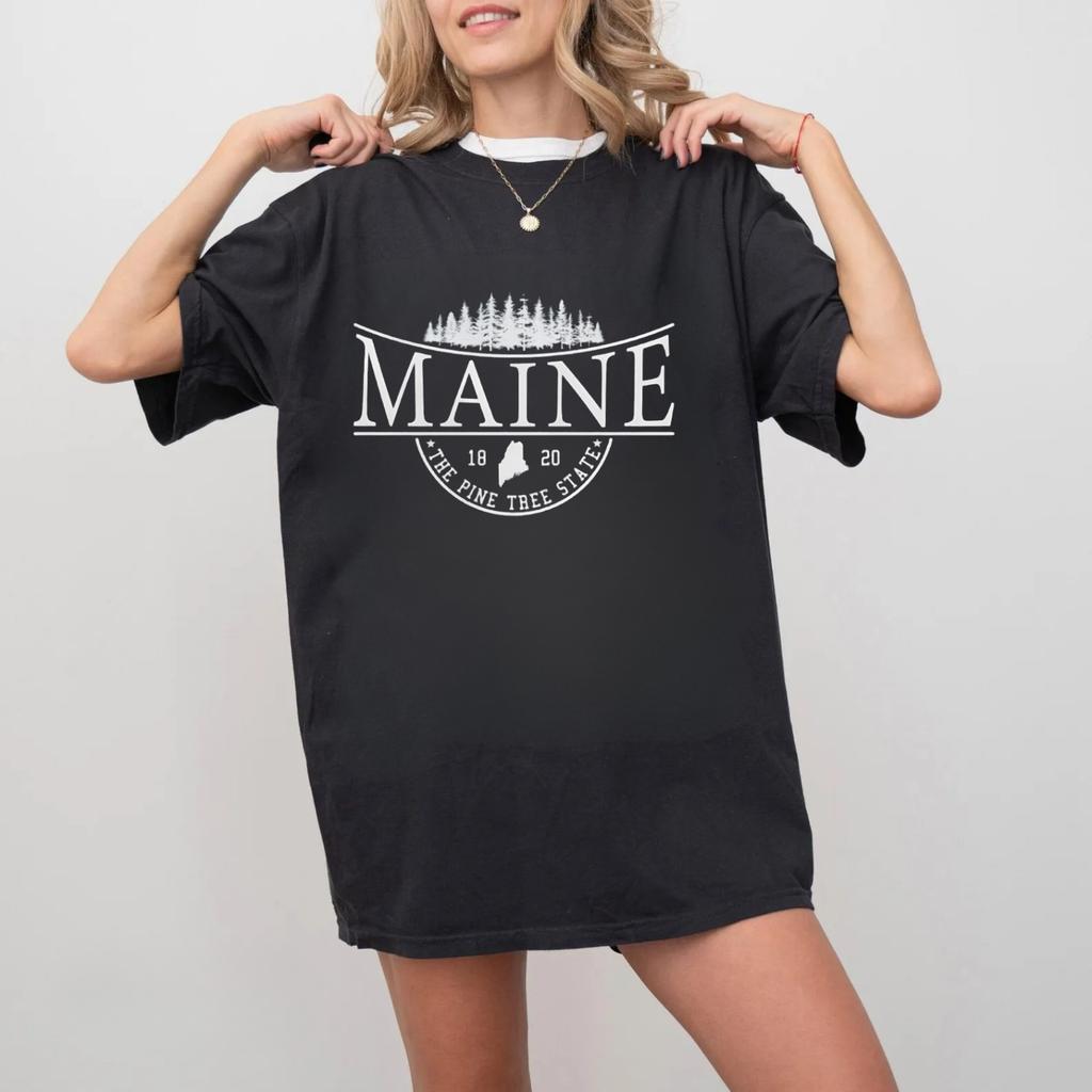Vintage Maine State TShirt Silhouette Pine Trees Unisex 100 Cotton Gift Tee