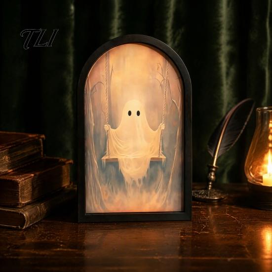 Lighted Wall Decor Light Up Ghost Mirror, Arched Wooden Frame Ghost/Grim Reaper Halloween Creepy Desktop Mirror Soft Ambient Decorative for