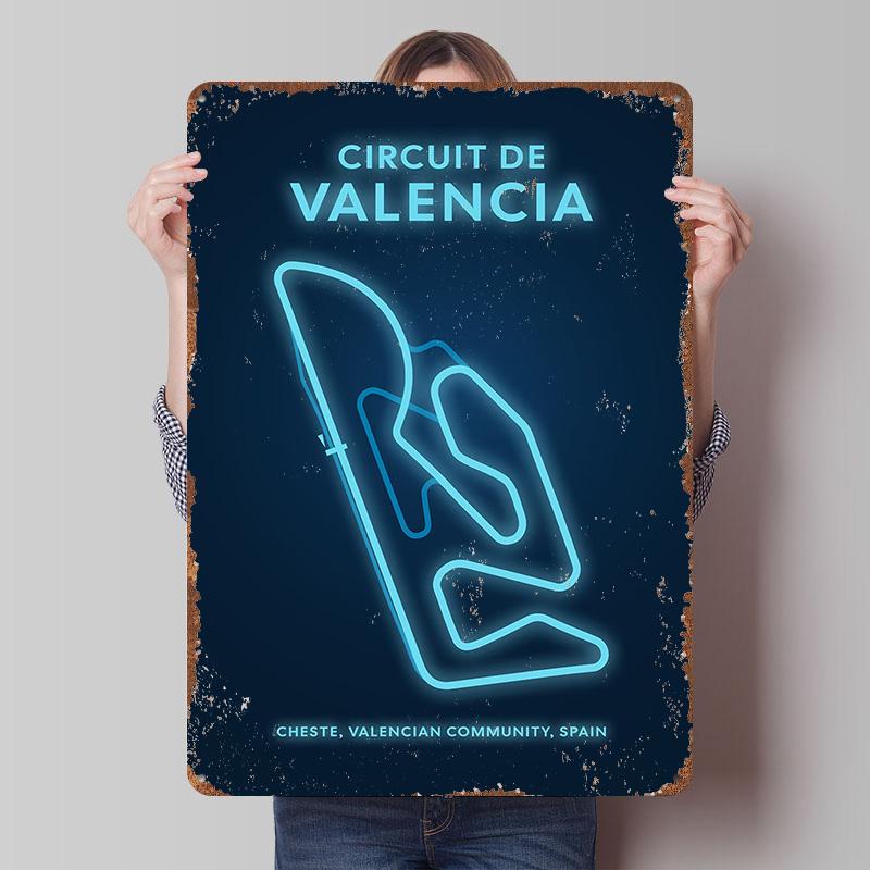 Синий неон Circuit De Valencia Жестяной плакат Индивидуальное настенное искусство Винтажные ретро металлические знаки для предметов декора роскошного дома Комната