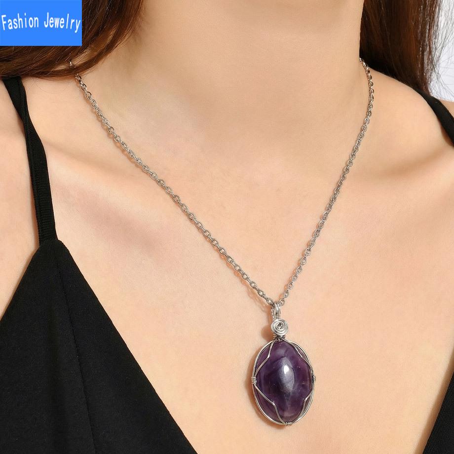European and American fashion natural crystal stone denier-shaped hand-wound pendant amethyst tiger eye stone necklace jewelry