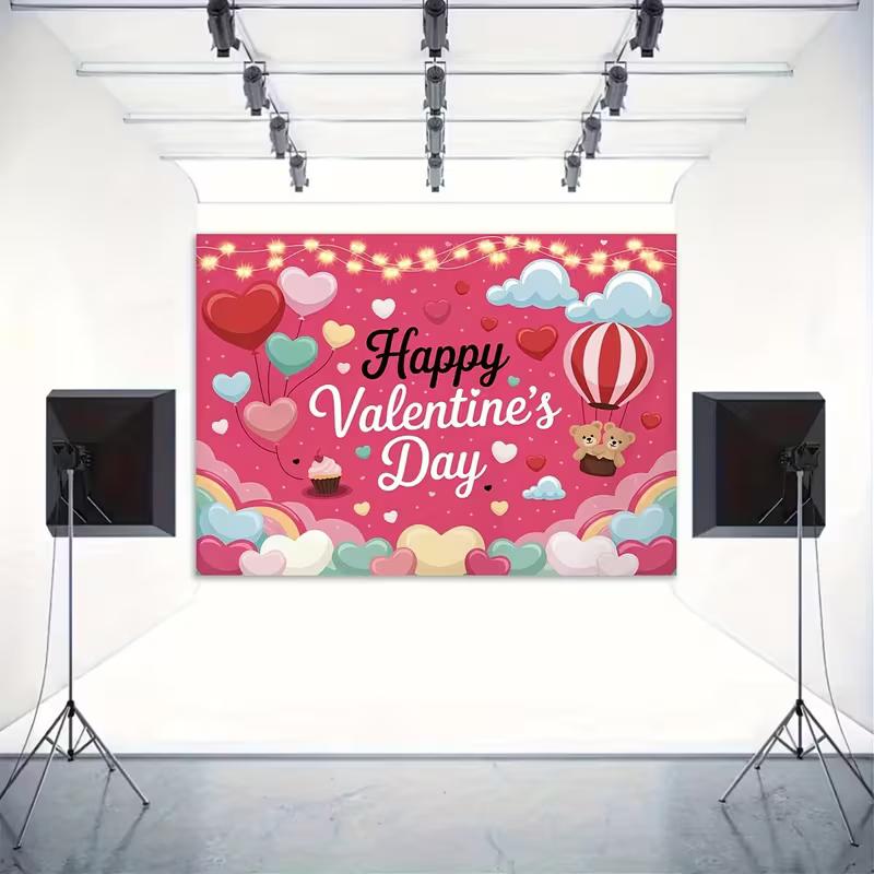 2D Sweet Pink Valentine's Day Banner with Teddy Bears and Balloons