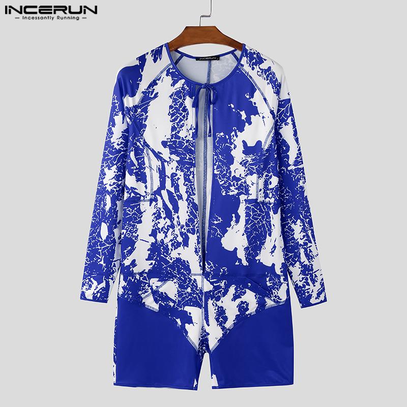 INCERUN Мужской комбинезон с длинным рукавом и принтом, открытым спереди, на шнуровке, короткий, цельный, боди, комбинезоны 