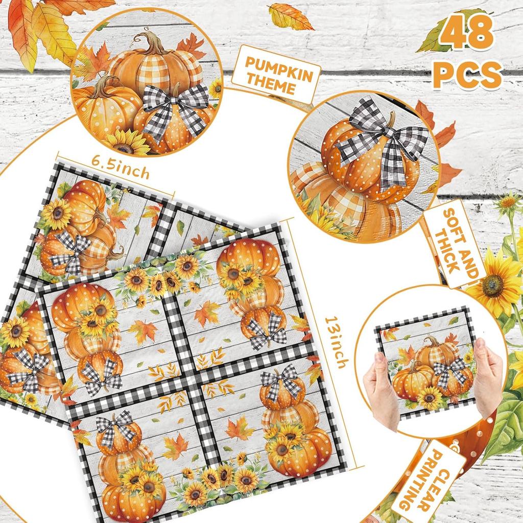 48Pcs Fall Pumpkin Paper Napkin,Fall Party Decorations Autumn Thanksgiving Party Napkin Black and White Buffalo Plaid Pumpkin Table Decorations for