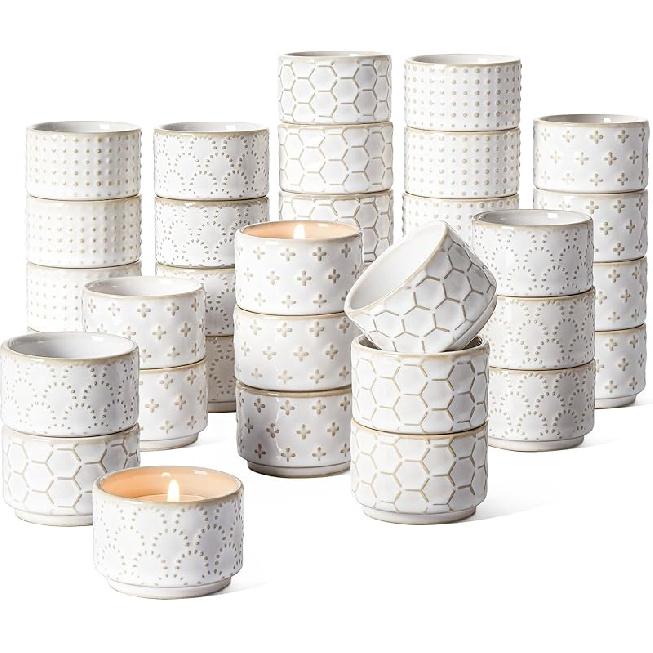 LE TAUCI Tealight Candle Holder, Embossed Ceramic Votive Candle Holders Bulk for Thanksgiving,Christmas, Wedding Table Centerpiece Decor, Set of 12,