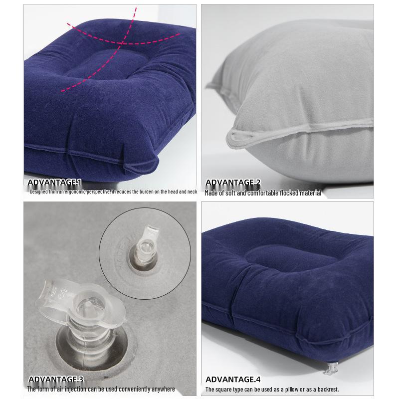 Большая надувная подушка для кемпинга - Утолщенный флокированный квадратный дизайн, Складная дорожная подушка для сна и поддержки спины.