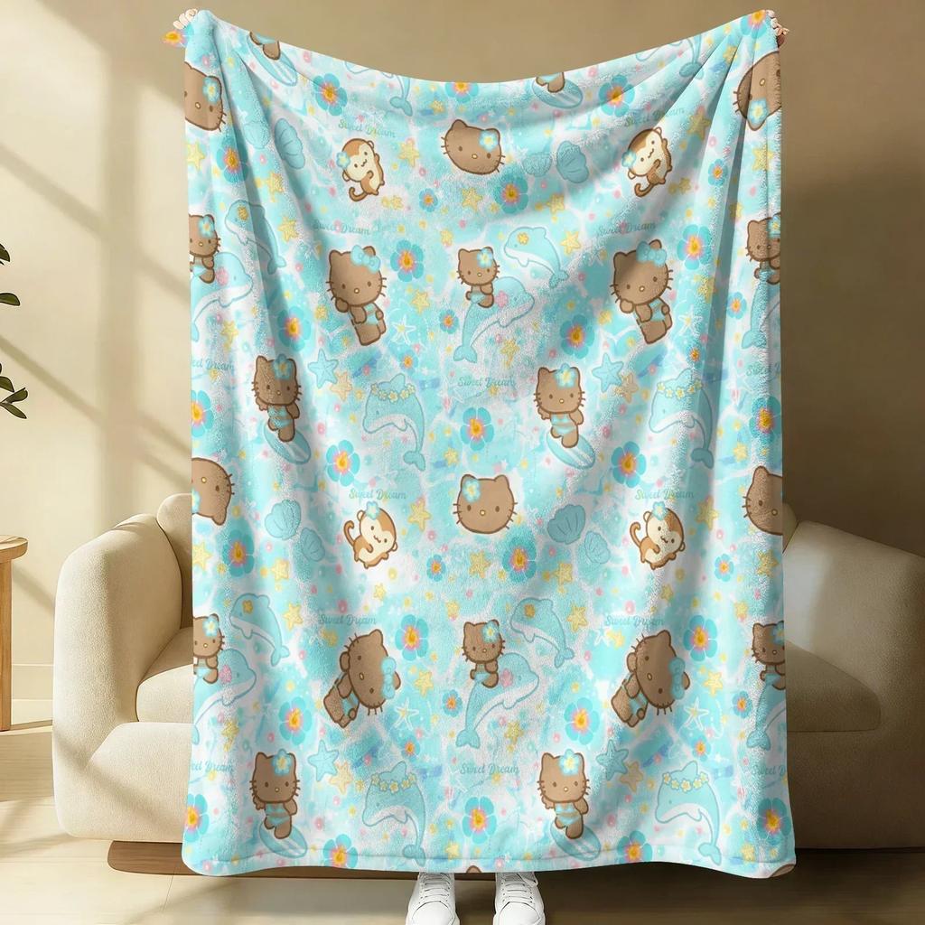 Sanrio Lovely Hello Kitty Plush Flannel Blanket Blue & White Stripe Lightweight Throw Bed Sofa Cover School Office Nap Shawl