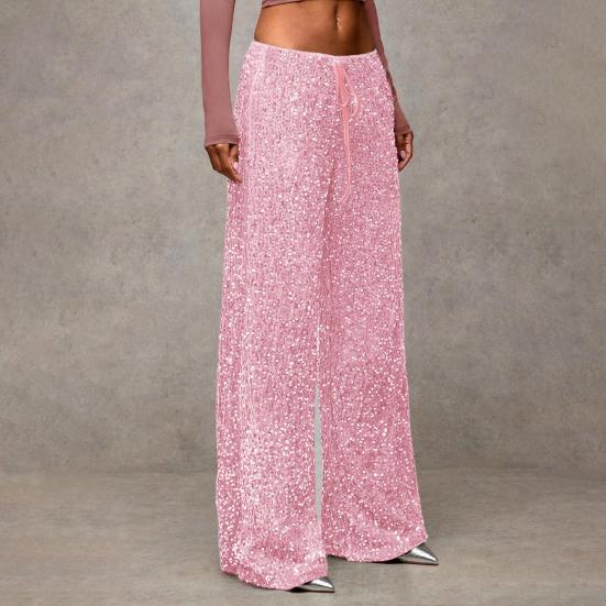 Женские брюки с высокой посадкой, широкими штанинами, повседневные брюки с пайетками, эластичным поясом на кулиске, праздничные брюки
